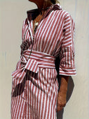 Women's Striped Shirt Dress – Button Front Belted Three Quarter Sleeve Midi