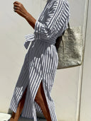 Women's Striped Shirt Dress – Button Front Belted Three Quarter Sleeve Midi