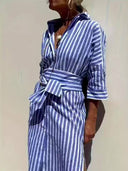 Women's Striped Shirt Dress – Button Front Belted Three Quarter Sleeve Midi