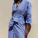 Women's Striped Shirt Dress – Button Front Belted Three Quarter Sleeve Midi