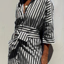 Women's Striped Shirt Dress – Button Front Belted Three Quarter Sleeve Midi