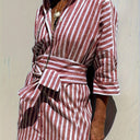 Women's Striped Shirt Dress – Button Front Belted Three Quarter Sleeve Midi