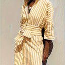 Women's Striped Shirt Dress – Button Front Belted Three Quarter Sleeve Midi