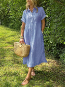Women's Striped Shirt Dress – Button Up Collar Short Sleeve Midi Summer Dress