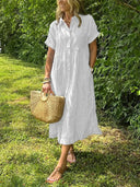Women's Striped Shirt Dress – Button Up Collar Short Sleeve Midi Summer Dress