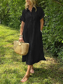 Women's Striped Shirt Dress – Button Up Collar Short Sleeve Midi Summer Dress