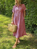 Women's Striped Shirt Dress – Button Up Collar Short Sleeve Midi Summer Dress