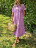 Women's Striped Shirt Dress – Button Up Collar Short Sleeve Midi Summer Dress