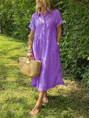 Women's Striped Shirt Dress – Button Up Collar Short Sleeve Midi Summer Dress