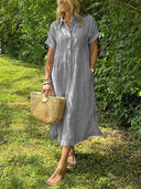 Women's Striped Shirt Dress – Button Up Collar Short Sleeve Midi Summer Dress