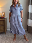 Women's Striped Shirt Dress – Button Up Collar Short Sleeve Midi Summer Dress