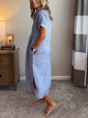 Women's Striped Shirt Dress – Button Up Collar Short Sleeve Midi Summer Dress