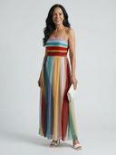 Women's Striped Strapless Maxi – Pleated Bodice Rainbow Summer Dress