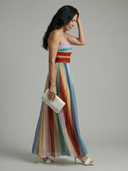 Women's Striped Strapless Maxi – Pleated Bodice Rainbow Summer Dress