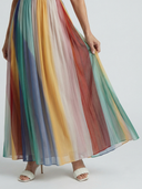 Women's Striped Strapless Maxi – Pleated Bodice Rainbow Summer Dress