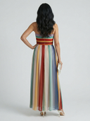 Women's Striped Strapless Maxi – Pleated Bodice Rainbow Summer Dress