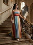 Women's Striped Strapless Maxi – Pleated Bodice Rainbow Summer Dress