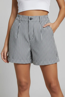 Women's Striped Tailored Shorts – Elastic Waist Single Button Cuffed Hem