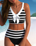 Women's Striped Two Piece Bikini Set – V Neck Bow Knot Crop Top High Waist