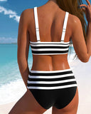 Women's Striped Two Piece Bikini Set – V Neck Bow Knot Crop Top High Waist