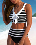 Women's Striped Two Piece Bikini Set – V Neck Bow Knot Crop Top High Waist