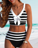 Women's Striped Two Piece Bikini Set – V Neck Bow Knot Crop Top High Waist