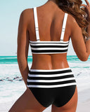 Women's Striped Two Piece Bikini Set – V Neck Bow Knot Crop Top High Waist