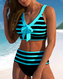 Women's Striped Two Piece Bikini Set – V Neck Bow Knot Crop Top High Waist