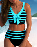 Women's Striped Two Piece Bikini Set – V Neck Bow Knot Crop Top High Waist