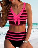 Women's Striped Two Piece Bikini Set – V Neck Bow Knot Crop Top High Waist