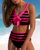 Women's Striped Two Piece Bikini Set – V Neck Bow Knot Crop Top High Waist