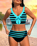 Women's Striped Two Piece Bikini Set – V Neck Bow Knot Crop Top High Waist