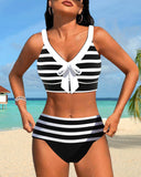 Women's Striped Two Piece Bikini Set – V Neck Bow Knot Crop Top High Waist