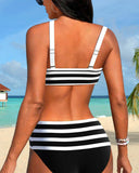 Women's Striped Two Piece Bikini Set – V Neck Bow Knot Crop Top High Waist