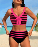 Women's Striped Two Piece Bikini Set – V Neck Bow Knot Crop Top High Waist
