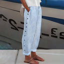 Women's Striped Wide Leg Pants – Elastic Waist Side Button Detail Cuffed Hem