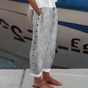 Women's Striped Wide Leg Pants – Elastic Waist Side Button Detail Cuffed Hem