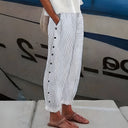 Women's Striped Wide Leg Pants – Elastic Waist Side Button Detail Cuffed Hem