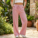 Women's Striped Wide Leg Pants – Low Rise Drawstring Patch Pocket Casual