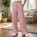 Women's Striped Wide Leg Pants – Low Rise Drawstring Patch Pocket Casual