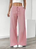 Women's Striped Wide Leg Pants – Low Rise Drawstring Patch Pocket Casual
