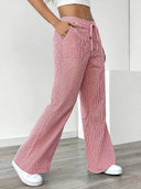 Women's Striped Wide Leg Pants – Low Rise Drawstring Patch Pocket Casual