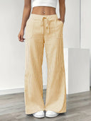 Women's Striped Wide Leg Pants – Low Rise Drawstring Patch Pocket Casual