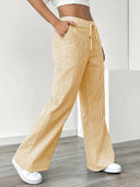 Women's Striped Wide Leg Pants – Low Rise Drawstring Patch Pocket Casual