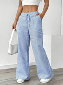 Women's Striped Wide Leg Pants – Low Rise Drawstring Patch Pocket Casual