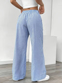 Women's Striped Wide Leg Pants – Low Rise Drawstring Patch Pocket Casual