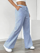 Women's Striped Wide Leg Pants – Low Rise Drawstring Patch Pocket Casual
