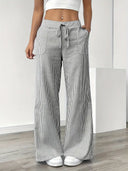Women's Striped Wide Leg Pants – Low Rise Drawstring Patch Pocket Casual