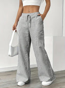 Women's Striped Wide Leg Pants – Low Rise Drawstring Patch Pocket Casual