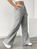 Women's Striped Wide Leg Pants – Low Rise Drawstring Patch Pocket Casual